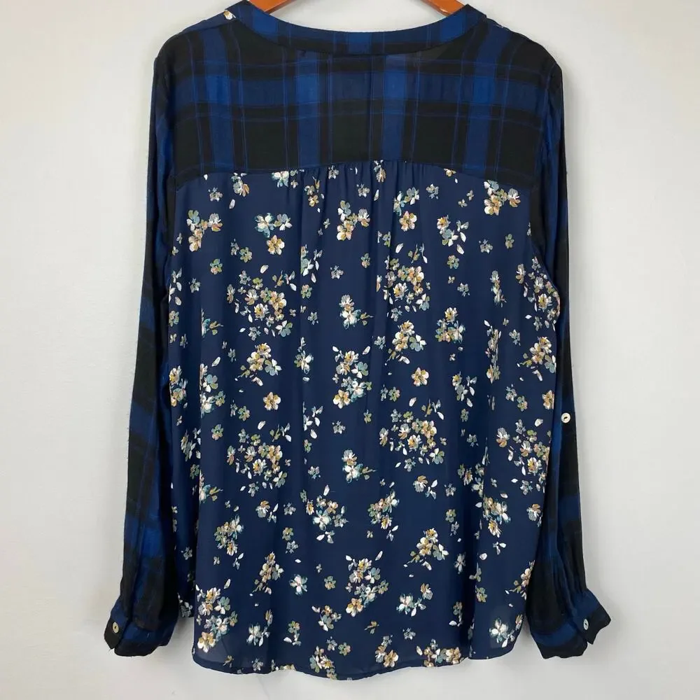 Zac & Rachel Blue Plaid & Floral Mixed Media Long Sleeve Button Down Blouse XL